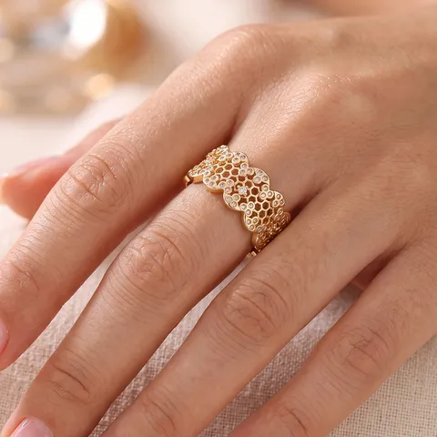 Korean Style Wave Honeycomb Hollow Ring For Women Vintage Gold Plated Copper Micropave Zirconia Geometric Band Ring Fine Jewelry Gift
