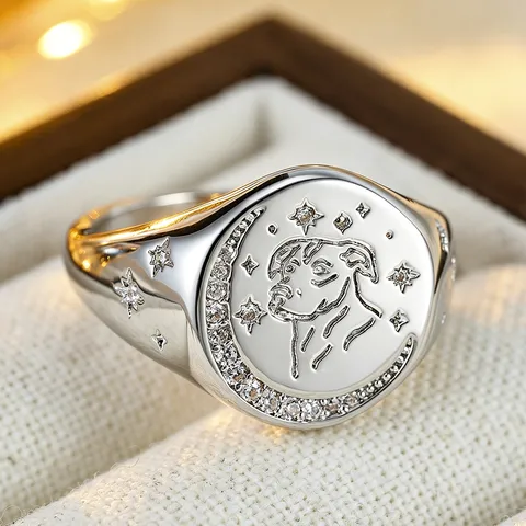 Aries Constellation Engraved Ring For Women Copper Zirconia Signet Ring Crescent Moon Star Pattern Niche Premium Index Finger Ring Jewelry Gift