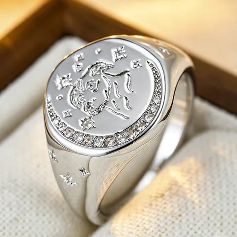 Aries Constellation Engraved Ring For Women Copper Zirconia Signet Ring Crescent Moon Star Pattern Niche Premium Index Finger Ring Jewelry Gift