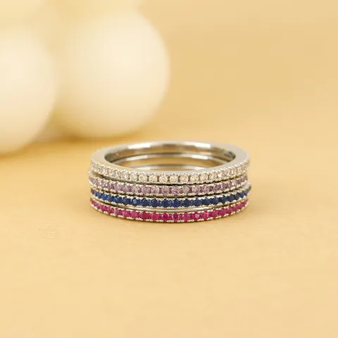 Minimalistische Kupfer Mehrfarbig Zirkonia Reihe Ring Für Damen Silber Stapelbare Zeigefinger Ring Mode Edelstein Handschmuck Geschenk