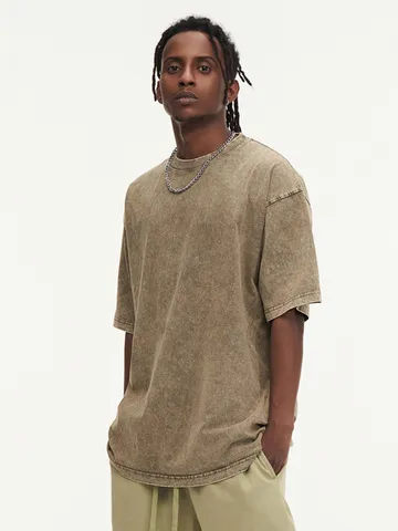 Herren Schweres Gewaschenes Distressed T-Shirt Lockere Oversize Rundhals Kurzarm Gekämmte Baumwolle Casual Top