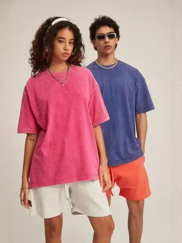 Herren Casual Oversized T Shirt Vintage Acid Washed Schwergewicht Baumwolle Kurzarm Lose Passform Rundhals Top