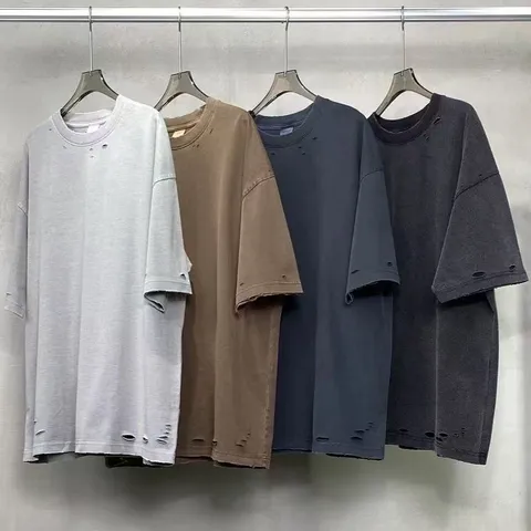 Ανδρικό Heavyweight Distressed Oversize T-Shirt Retro Washed Kοντό Μανίκι Στρογγυλή Λαιμόκοψη Βαμβάκι Hip Hop Tee