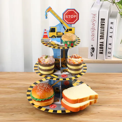 Engineering Vehicle Cartoon Paper 3 Tier Cake Stand Dessert Display Holder for Kids Birthday Party Table Decoration
