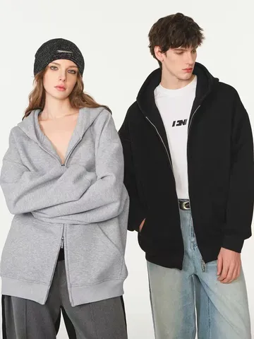Men's Heavyweight Fleece Hooded Sweatshirt Full Zip Loose Casual Autumn Winter Solid Color Long Sleeve Hoodie