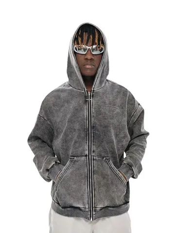 Men's Washed Heavyweight Full Zip Hooded Sweatshirt Vintage Loose Fit Casual Drop Shoulder Cotton Hoodie Jacket