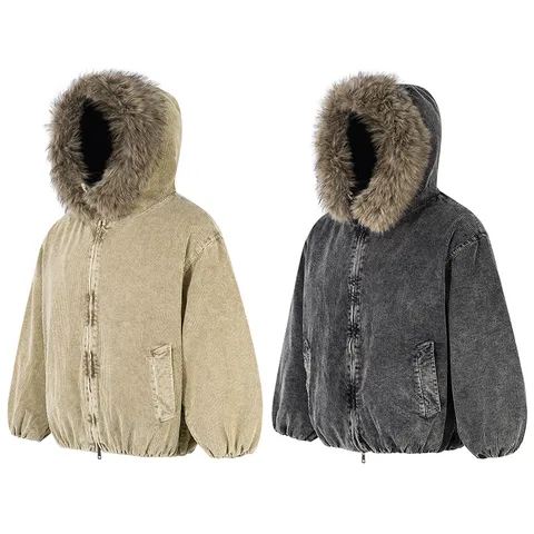 Men's Winter Thickened Corduroy Hooded Cotton Coat Casual Loose Zip Up Warm Puffer Jacket Couple Outerwear