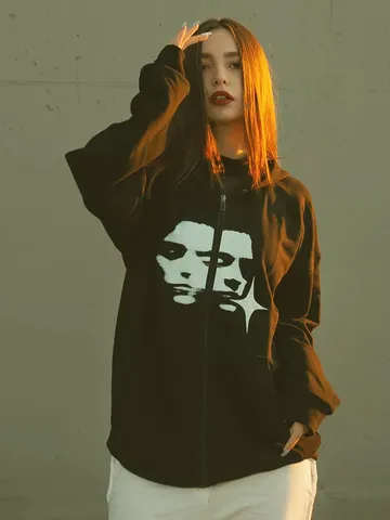 Hommes Femmes Rétro Streetwear Sweat à Capuche Unisex Oversize Fermeture Éclair Sweat-shirt Imprimé Portrait Casual Manches Longues Veste