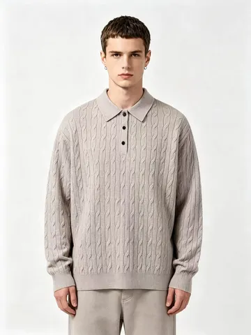 Suéter Retro de Tejido de Trenza para Hombre Cuello Polo Vintage Manga Larga Casual Holgado Jersey Invierno Cálido Top