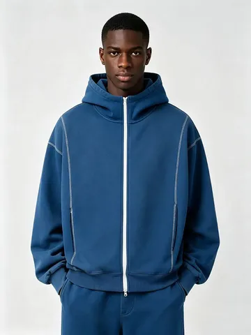 Unisex Casual Farbblock Kapuzensweatshirt Langarm Doppelreißverschluss Lockere Passform Baumwollmischung Hoodie Jacke