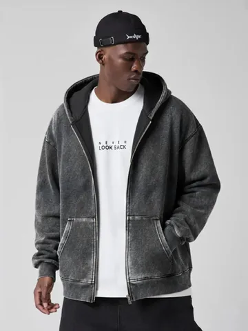 Men's Fleece Lined Thickened Hooded Cardigan Sweatshirt Vintage Washed Cotton Long Sleeve Full Zip Loose Fit Winter Top