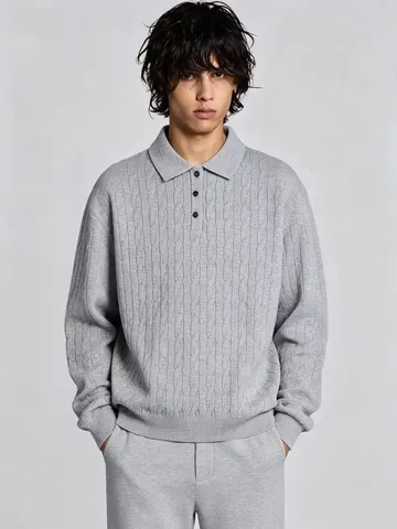 Suéter Retro de Tejido de Trenza para Hombre Cuello Polo Vintage Manga Larga Casual Holgado Jersey Invierno Cálido Top