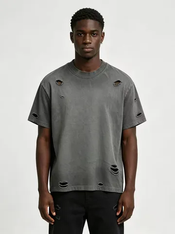 Herren Schweres Distressed Oversized T-Shirt Vintage Wasoed Baumwolle Kurzarm Rundhals Überschnittene Schulter Lässiges Tee