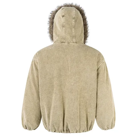 Men's Winter Thickened Corduroy Hooded Cotton Coat Casual Loose Zip Up Warm Puffer Jacket Couple Outerwear