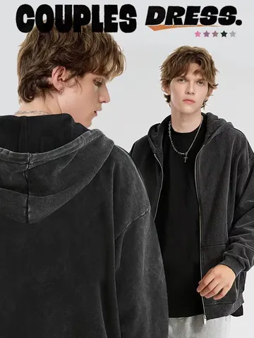 Herren Schweres Fleece Voll Reißverschluss Kapuzenpullover Amerikanisch Vintage Gewaschen Lässig Kapuzensweatshirt Mit Taschen