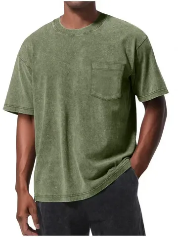 Herren Casual Vintage Gewaschenes Baumwoll T-Shirt Lockere Passform Einifarbig Kurzarm Rundhals Taschen Top