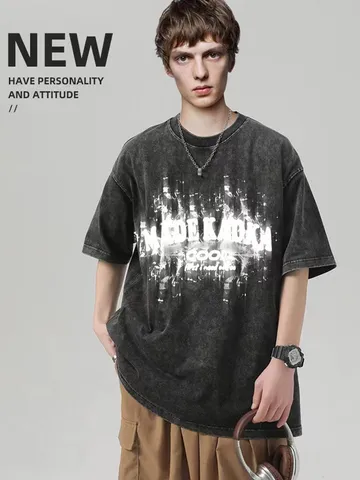 Herren Vintage Säuregewaschen Oversized T-Shirt Lässig Lose Kurzarm Rundhals Baumwolle Grafik Tee Streetwear