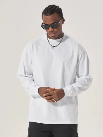 Camiseta de Manga Larga Lisa Casual para Hombre Corte Holgado Estilo Hip Hop Cuello Redondo Pullover Top de Algodón