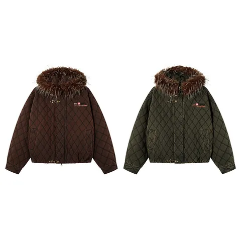 Piumino Invernale Caldo da Uomo Largo Casual Trapuntato Ispessito con Cappuccio Cappotto in Cotone con Collo in Pelliccia Sintetica e Cerniera