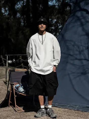Herren Casual Schweres Oversize Langarm T-Shirt Lose Einfarbig Rundhals Hip Hop Top
