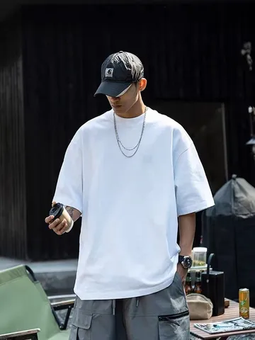 T-Shirt en Coton Lourd Unisexe Vintage Américain Couleur Unie Ample Épaules Tombantes Manches Courtes Tee Décontracté Sous-vêtement de Base