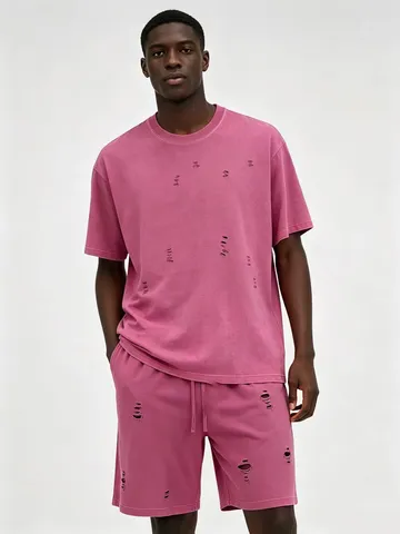 Herren Casual Baumwolle Oversize Verwittertes T-Shirt Und Shorts Hip Hop Gewaschenes Kurzarm Top Und Unterteil