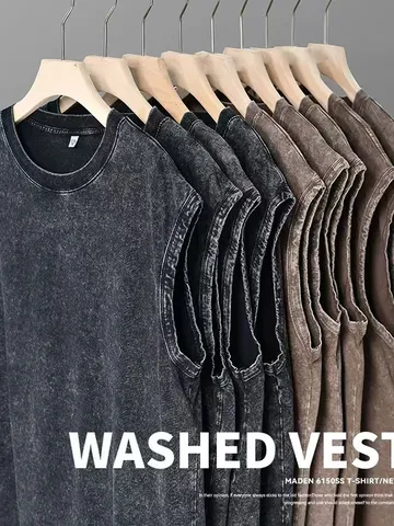 Herren Casual Schweres Baumwoll Tanktop Vintage Gewaschen Abgenutzt Sommer Training Ärmellos Rundhals Basic Weste