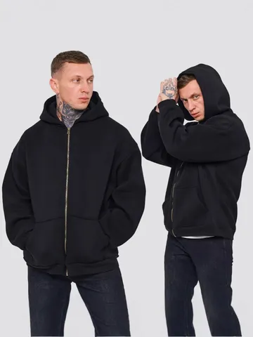 Herren Schwerer Reißverschluss Kapuzenpullover Oversized Casual High Street Einfarbig Gefütterte Cardigan Jacke