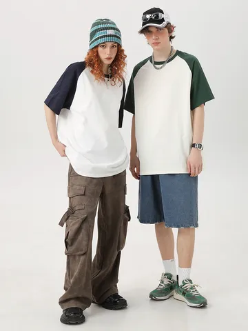 Herren Casual Farbblock Überschnittene Schultern Kurzarm T-Shirt Lose Oversized Basic Rundhals Shirt