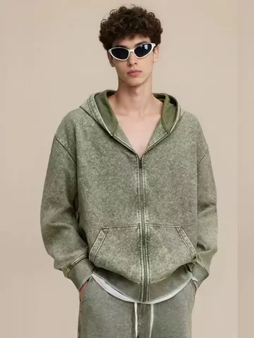 Men's Heavyweight Fleece Full Zip Hoodie Vintage Washed Distressed Oversized Casual Cotton Blend Long Sleeve Hooded Sweatshirt