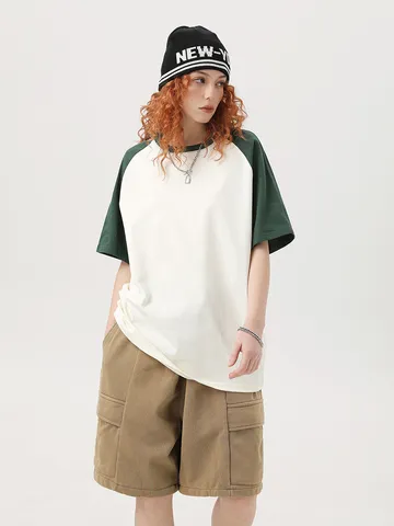 Herren Casual Farbblock Überschnittene Schultern Kurzarm T-Shirt Lose Oversized Basic Rundhals Shirt