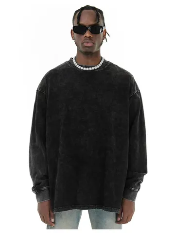 Herren Vintage Distressed Gewaschenes Langarm T-Shirt Lässige Lockere Passform Übergeschnittene Schultern Rundhals Baumwolle Pullover Basic Top