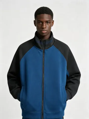 Herren Vintage Farbblock Reißverschluss Stehkragen Hoodie Locker Lässige Langarm Sweatshirt Herbst Winter Jacke Top