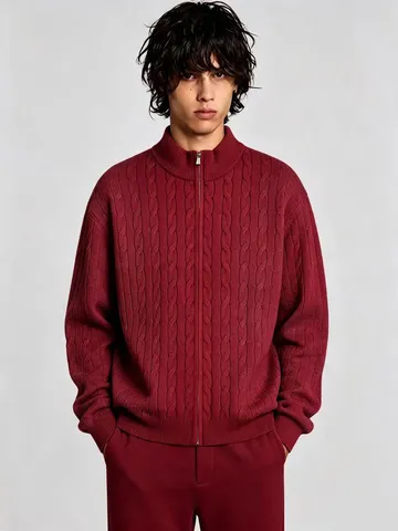 Herren Casual Stehkragen Reißverschluss Zopfmuster Pullover Herbst Winter Einfarbig Langarm Strickware Oberteil