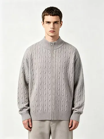 Herren Casual Stehkragen Reißverschluss Zopfmuster Pullover Herbst Winter Einfarbig Langarm Strickware Oberteil