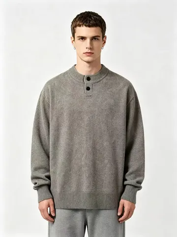 Herren Casual Henley Pullover Sweater Polyethylenfaser-Mischung Langarm Verdickt Einfarbig Neutral Strickware Top
