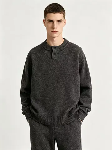 Herren Casual Henley Pullover Sweater Polyethylenfaser-Mischung Langarm Verdickt Einfarbig Neutral Strickware Top