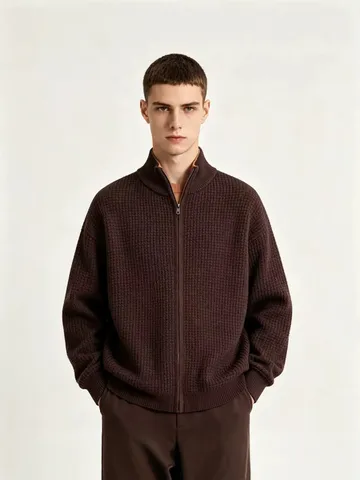 Herren Lässig Waffelstrick Stehkragen Reißverschluss Cardigan Herbst Einifarbig Langarm Lose Passform Oberteil Top
