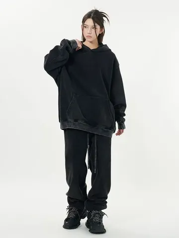 Herren Schwerer Gewaschener Vintage Kapuzenpullover Lässiger Oversized Langarm Überschnittene Schultern Fleecegefütterter Kapuzenpullover