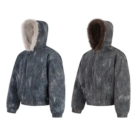 Men's Winter Thickened Puffer Jacket Retro Casual Loose Hooded Cotton Padded Coat Long Sleeve Zipper Outerwear