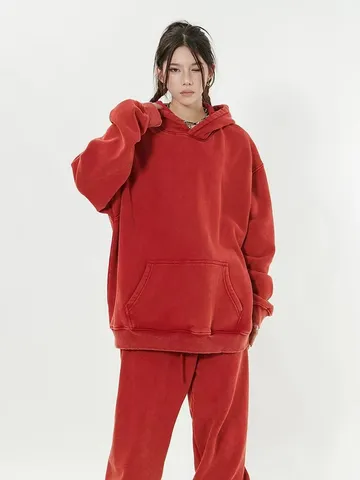 Herren Schwerer Gewaschener Vintage Kapuzenpullover Lässiger Oversized Langarm Überschnittene Schultern Fleecegefütterter Kapuzenpullover
