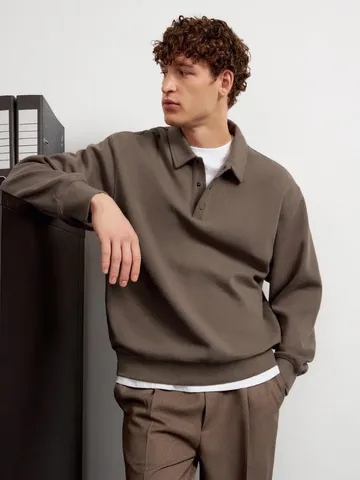 Herren Lässiges Revers Sweatshirt Vintage Einfarbig Lockeres Langarm Pullover Top Herbst Winter Mode Herrenbekleidung