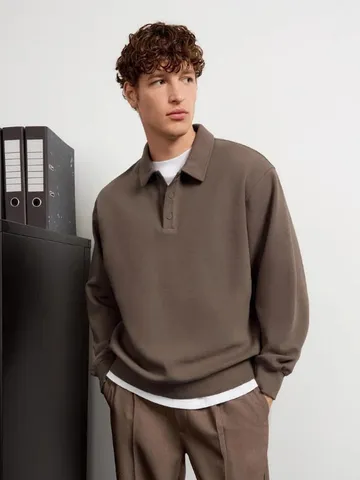 Herren Lässiges Revers Sweatshirt Vintage Einfarbig Lockeres Langarm Pullover Top Herbst Winter Mode Herrenbekleidung