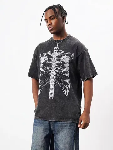 Herren Damen Oversize Vintage Washed Skelett Grafik T-Shirt Lässiges Kurzarm Rundhals Baumwoll Top