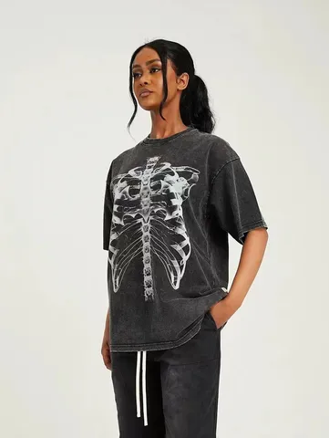 Herren Damen Oversize Vintage Washed Skelett Grafik T-Shirt Lässiges Kurzarm Rundhals Baumwoll Top