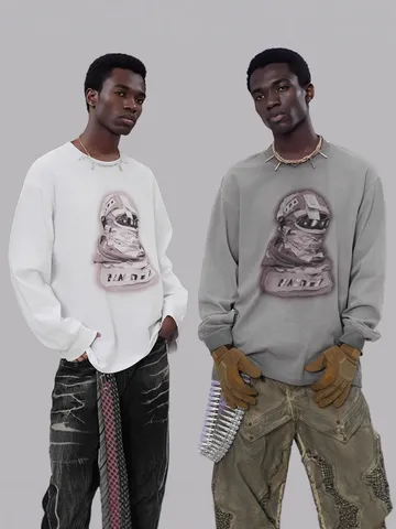 Herren Vintage Langarm T-Shirt Lässig Locker Oversize Rundhals Baumwolle Shirt Mit Grafikdruck Streetwear Mode Top