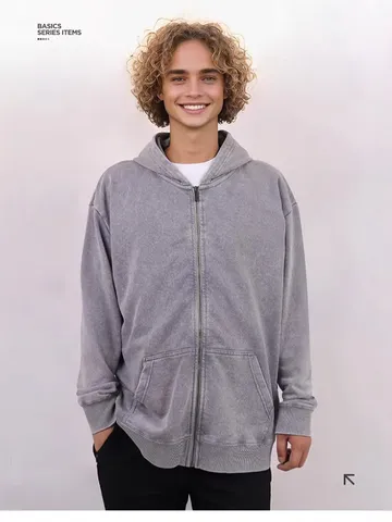 Herren Amerikanischer Vintage Gewaschener Kapuzenpullover mit Reißverschluss Schwerer Sweatshirt Lässige Lockere Jacke