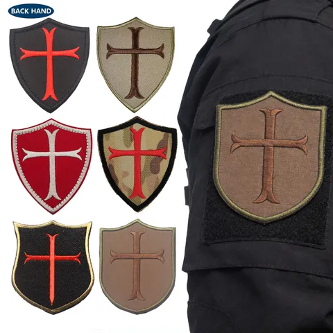 Embroidered Cross Shield Templar Crusader Tactical Morale Patch Hook And Loop Military Badge Applique For Backpack Hat