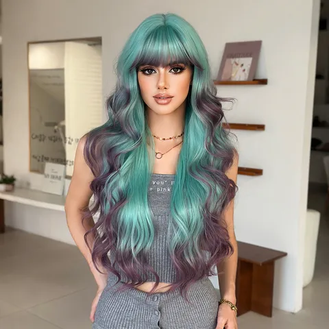 Extra Long Wave Curly Wig With Flat Bangs For Women Heat Resistant Ombre Gradient Colorful Synthetic Fiber Full Wig For Daily Party