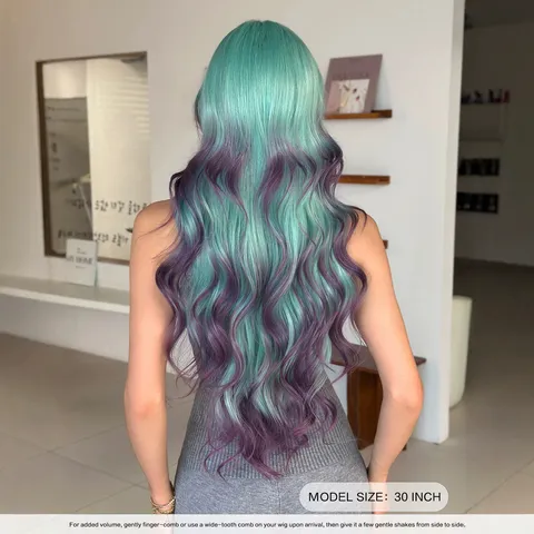Extra Long Wave Curly Wig With Flat Bangs For Women Heat Resistant Ombre Gradient Colorful Synthetic Fiber Full Wig For Daily Party